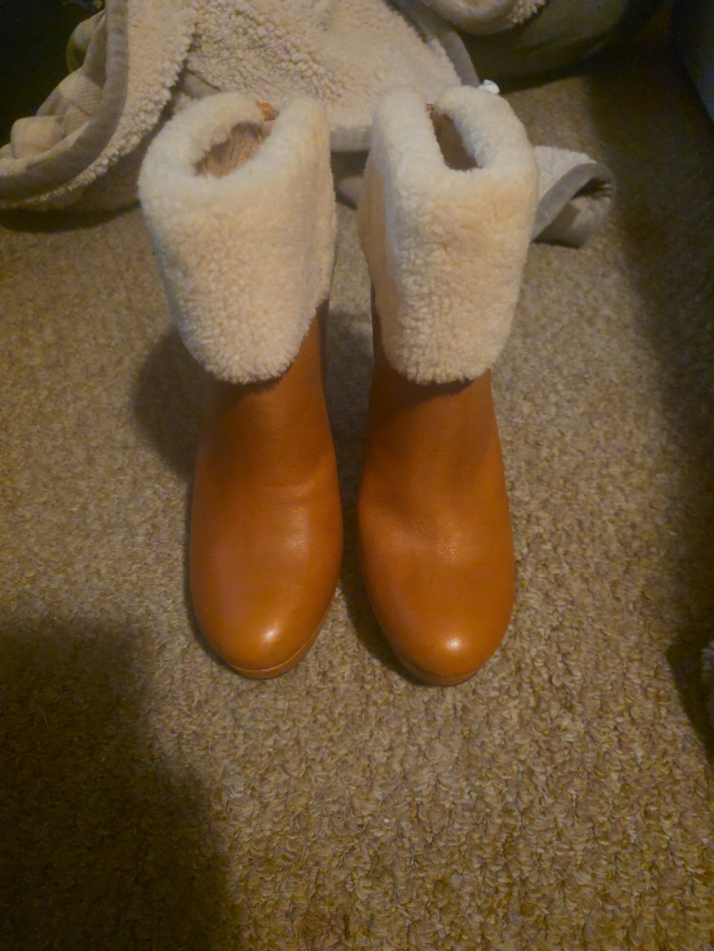 Coach Tan Leather Ankle Boots with Cream Shearling Cuff